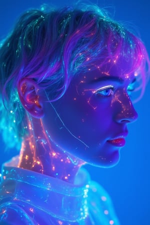 A close-up portrait of a woman with neon glow hair in shades of teal, purple, and pink. The hair emits a vibrant, electric glow, giving off radiant, luminescent effects, especially around the edges of each strand. The neon colors pulsate gently, creating an otherworldly and futuristic look. Her blue eyes stand out even more against the glowing backdrop, with soft lighting adding depth to the scene. The white outfit contrasts beautifully with the radiant neon hair, while the cool blue background enhances the futuristic, cyberpunk aesthetic of the overall image,Neon Glow,Wireframe,Neon Wireframe,Holographic Network,Futuristic Avatar,Hologram,Cyberpunk,Futuristic technology,Neon lighting,Virtual Interface,Glowing effects,High-tech interface,digital glow,digital projection,Augmented reality,JoeyKingFlux