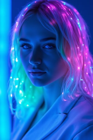 A close-up portrait of a woman with neon glow hair in shades of teal, purple, and pink. The hair emits a vibrant, electric glow, giving off radiant, luminescent effects, especially around the edges of each strand. The neon colors pulsate gently, creating an otherworldly and futuristic look. Her blue eyes stand out even more against the glowing backdrop, with soft lighting adding depth to the scene. The white outfit contrasts beautifully with the radiant neon hair, while the cool blue background enhances the futuristic, cyberpunk aesthetic of the overall image,Neon Glow,Wireframe,Neon Wireframe,Holographic Network,Futuristic Avatar,Hologram,Cyberpunk,Futuristic technology,Neon lighting,Virtual Interface,Glowing effects,High-tech interface,digital glow,digital projection,Augmented reality,JoeyKingFlux