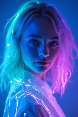 A close-up portrait of a woman with neon glow hair in shades of teal, purple, and pink. The hair emits a vibrant, electric glow, giving off radiant, luminescent effects, especially around the edges of each strand. The neon colors pulsate gently, creating an otherworldly and futuristic look. Her blue eyes stand out even more against the glowing backdrop, with soft lighting adding depth to the scene. The white outfit contrasts beautifully with the radiant neon hair, while the cool blue background enhances the futuristic, cyberpunk aesthetic of the overall image,Neon Glow,Wireframe,Neon Wireframe,Holographic Network,Futuristic Avatar,Hologram,Cyberpunk,Futuristic technology,Neon lighting,Virtual Interface,Glowing effects,High-tech interface,digital glow,digital projection,Augmented reality,JoeyKingFlux