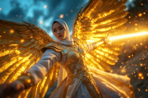 A powerful and dynamic scene of a long hijabi divine archangel in mid-action, slashing her radiant sword with blazing speed. The archangel is depicted with a flowing hijab and ethereal armor that glows with celestial energy. Her majestic wings spread wide behind her, each feather shimmering with a radiant, golden glow, casting light onto the dark sky. The wings are immense and powerful, with intricate patterns etched in divine light, creating an aura of majesty and strength. As she swings her sword, fiery and light trail effects follow the blade’s path, leaving a streak of glowing embers and ethereal flames. The scene is captured in a fast-speed time freeze, with embers and light streaks suspended in mid-air, emphasizing the intensity of her movement. Her expression is fierce and determined, reflecting a high battle spirit as she channels divine energy into the swing. The background features a dramatic sky with stormy clouds parting to reveal beams of divine light, further highlighting the grandeur of her wings. The composition blends strength, grace, and divine power, focusing on the majestic spread of her wings that dominate the scene, creating an awe-inspiring and heavenly moment,Archangel,EnchantingGlow,LightBurst,FireBurn