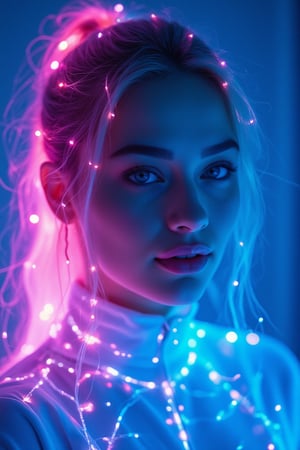 A close-up portrait of a woman with neon glow hair in shades of teal, purple, and pink. The hair emits a vibrant, electric glow, giving off radiant, luminescent effects, especially around the edges of each strand. The neon colors pulsate gently, creating an otherworldly and futuristic look. Her blue eyes stand out even more against the glowing backdrop, with soft lighting adding depth to the scene. The white outfit contrasts beautifully with the radiant neon hair, while the cool blue background enhances the futuristic, cyberpunk aesthetic of the overall image,Neon Glow,Wireframe,Neon Wireframe,Holographic Network,Futuristic Avatar,Hologram,Cyberpunk,Futuristic technology,Neon lighting,Virtual Interface,Glowing effects,High-tech interface,digital glow,digital projection,Augmented reality,JoeyKingFlux,Magicallights,divinelights