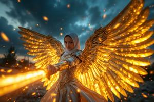 A powerful and dynamic scene of a long hijabi divine archangel in mid-action, slashing her radiant sword with blazing speed. The archangel is depicted with a flowing hijab and ethereal armor that glows with celestial energy. Her majestic wings spread wide behind her, each feather shimmering with a radiant, golden glow, casting light onto the dark sky. The wings are immense and powerful, with intricate patterns etched in divine light, creating an aura of majesty and strength. As she swings her sword, fiery and light trail effects follow the blade’s path, leaving a streak of glowing embers and ethereal flames. The scene is captured in a fast-speed time freeze, with embers and light streaks suspended in mid-air, emphasizing the intensity of her movement. Her expression is fierce and determined, reflecting a high battle spirit as she channels divine energy into the swing. The background features a dramatic sky with stormy clouds parting to reveal beams of divine light, further highlighting the grandeur of her wings. The composition blends strength, grace, and divine power, focusing on the majestic spread of her wings that dominate the scene, creating an awe-inspiring and heavenly moment,Archangel,EnchantingGlow,LightBurst,FireBurn