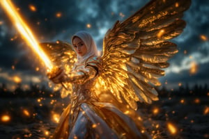 A powerful and dynamic scene of a long hijabi divine archangel in mid-action, slashing her radiant sword with blazing speed. The archangel is depicted with a flowing hijab and ethereal armor that glows with celestial energy. Her majestic wings spread wide behind her, each feather shimmering with a radiant, golden glow, casting light onto the dark sky. The wings are immense and powerful, with intricate patterns etched in divine light, creating an aura of majesty and strength. As she swings her sword, fiery and light trail effects follow the blade’s path, leaving a streak of glowing embers and ethereal flames. The scene is captured in a fast-speed time freeze, with embers and light streaks suspended in mid-air, emphasizing the intensity of her movement. Her expression is fierce and determined, reflecting a high battle spirit as she channels divine energy into the swing. The background features a dramatic sky with stormy clouds parting to reveal beams of divine light, further highlighting the grandeur of her wings. The composition blends strength, grace, and divine power, focusing on the majestic spread of her wings that dominate the scene, creating an awe-inspiring and heavenly moment,Archangel,EnchantingGlow,LightBurst,FireBurn