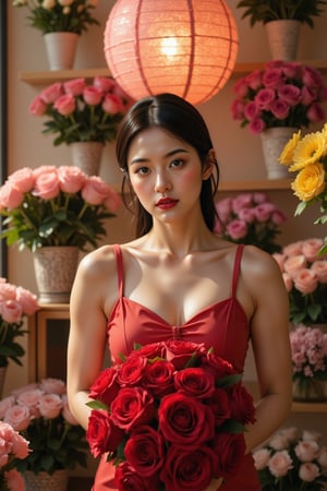 two Cute women with warmly bright smile stands amidst lush flower store. Radiant red rose bouquet forms striking sphere against balanced lighting, filling space with warm glow. Her dress complements vibrant hues, as she occupies upper half of frame, surrounded by lush greenery and delicate blooms.