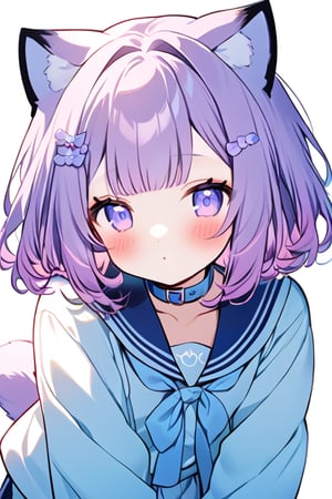 Generate a cute anime-style character with cat-like features. She has light lavender hair with blue tips at the ends, styled in a soft, wavy bob cut. The character has large, expressive light blue eyes and soft blush on her cheeks. She has white cat ears on top of her head and a matching cat tail. The character is wearing a traditional Japanese sailor school uniform with a navy-blue collar, a red ribbon, and a white top. Her expression is gentle and slightly shy, and she has small hairpins on her bangs. The overall aesthetic should feel soft and pastel-colored with a serene, adorable vibe.