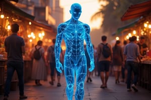 A neon glowing wireframe mecha with bright electric blue lines, casually walking through a bustling market at dusk. The scene is captured from a low, wide-angle shot, highlighting the contrast between the glowing wireframe and the busy crowd. Warm, ambient lighting from street lamps and vendor stalls creates soft glows on the humanoid’s surface, with the neon lines standing out against the dim surroundings. The background features blurred vendors and people moving, all out of focus to emphasize the glowing figure’s calm pace. The sunset sky enhances the lively yet relaxed atmosphere.
(1.6-1) d S = δ Q rev T::[0.9] neon_wireframe_humanoid::[1.1] busy_market --s 7,Neon Glow,Wireframe,Neon Wireframe,Holographic Network,Futuristic Avatar,Hologram,Cyberpunk,Futuristic technology,Neon lighting,Virtual Interface,Glowing effects,High-tech interface,digital glow,digital projection,Augmented reality,Magic,Enchantment,Light,Sparkle,Mystical,Whisper,Storybook,Magicallights,divinelights