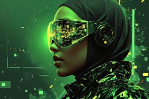 A high-fashion photoshoot scene featuring a stylo cybergirl hijabi, exuding futuristic elegance and green noir vibes. She wears a sleek, modern hijab paired with a glowing high-tech visor that wraps around her face, emitting a soft, neon green light. The visor displays digital patterns and data, adding to her tech-inspired look. Her outfit combines high-fashion elements with cyberpunk aesthetics, featuring sharp lines and metallic textures in shades of deep green and black, with subtle reflective details that catch the light. The setting is a minimalist, dark environment with moody shadows and diffused green lighting that casts a noir ambiance across the scene. The background hints at futuristic, geometric shapes, adding depth without detracting from the focus on the model. Her pose is confident and poised, with her head slightly tilted, emphasizing the glow of the visor and the contours of her avant-garde attire. The overall atmosphere is edgy and stylish, blending the elegance of high fashion with the cutting-edge look of cyber-tech, making for a captivating, visually striking photoshoot.,CitrusShadow,stylohijabi