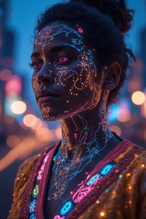 Depict a close-up portrait of a person with a fusion of traditional cultural elements and futuristic technology. They wear a modernized version of a classic garment with embedded LED patterns that pulsate gently. Bioluminescent tattoos trace along their neck and face, forming intricate designs. The background features a blurred cityscape with streaks of neon lights, emphasizing the subject's serene expression amidst the urban hustle..,Mecha, Magic, Wireframe