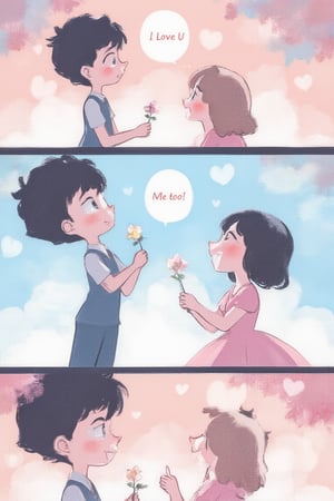 A 2D whimsical, cute manga consisting of 3-4 panels. In the first panel, a shy boy with soft, round features is holding a small flower, nervously preparing to give it to a girl. The second panel shows the boy blushing as he hands the flower to the girl, with a dialogue bubble above him saying, "I Love U." The third panel captures the girl's surprise, her large, expressive eyes widening, followed by a gentle smile. In the final panel, the girl blushes and softly replies with a dialogue bubble that says, "Me too." The background is simple, featuring soft pastel colors, hearts, and flowers floating around them, creating a sweet and romantic atmosphere. The style is light, playful, and filled with heartwarming emotion, perfect for a romantic confession scene.,MangaPanel,cinematic dramatic color style,BlueDreams