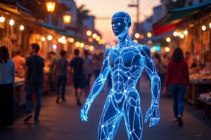 A neon glowing wireframe mecha with bright electric blue lines, casually walking through a bustling market at dusk. The scene is captured from a low, wide-angle shot, highlighting the contrast between the glowing wireframe and the busy crowd. Warm, ambient lighting from street lamps and vendor stalls creates soft glows on the humanoid’s surface, with the neon lines standing out against the dim surroundings. The background features blurred vendors and people moving, all out of focus to emphasize the glowing figure’s calm pace. The sunset sky enhances the lively yet relaxed atmosphere.
(1.6-1) d S = δ Q rev T::[0.9] neon_wireframe_humanoid::[1.1] busy_market --s 7,Neon Glow,Wireframe,Neon Wireframe,Holographic Network,Futuristic Avatar,Hologram,Cyberpunk,Futuristic technology,Neon lighting,Virtual Interface,Glowing effects,High-tech interface,digital glow,digital projection,Augmented reality,Magic,Enchantment,Light,Sparkle,Mystical,Whisper,Storybook,Magicallights,divinelights