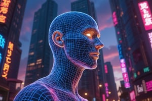 Create a hyper-realistic portrait of a lone urban explorer standing against a backdrop of towering skyscrapers adorned with vibrant neon signs and holographic displays. The subject's face is partially illuminated by the glow of a floating digital advertisement, revealing intricate cybernetic implants subtly integrated into their skin. Their eyes reflect the kaleidoscope of colors around them, capturing a sense of wonder and resilience in a high-tech world.,Mecha, Magic, Wireframe