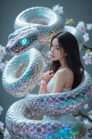 A holographic neon snake, glowing with shifting hues of blue and green, coils around the woman, flowing smoothly through a cherry blossom-filled space at midday. The scene is captured from a wide angle, highlighting the snake's fluid movement and wireframe structure. Bright lighting from above casts colorful highlights along the snake’s digital form, with subtle glows reflecting on the woman’s white dress. The background is blurred with soft blossoms, emphasizing the snake’s futuristic motion.
(1.6-1) d S = δ Q rev T::[0.6] neon_wireframe_snake::[0.4] soft_focus --s [vivid]

fluxsnakequeen, magic, wireframe