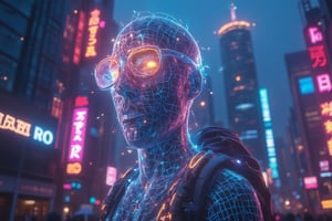 Create a hyper-realistic portrait of a lone urban explorer standing against a backdrop of towering skyscrapers adorned with vibrant neon signs and holographic displays. The subject's face is partially illuminated by the glow of a floating digital advertisement, revealing intricate cybernetic implants subtly integrated into their skin. Their eyes reflect the kaleidoscope of colors around them, capturing a sense of wonder and resilience in a high-tech world.,Mecha, Magic, Wireframe