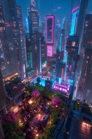 a serene rooftop garden atop a megastructure, where individuals escape the city's chaos. Bioluminescent plants and neon-lit pathways provide a tranquil environment amidst the urban glow. Friends and families share stories, their faces illuminated by the gentle light, highlighting moments of peace and togetherness in a fast-paced cyberpunk era.,Mecha, Magic, Wireframe