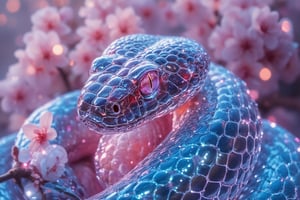 A glowing neon holographic snake with vibrant lines radiating around the woman, coiled gently through a pastel cherry blossom garden at dawn. The scene is captured from a close-up angle, highlighting the intricate wireframe structure of the snake's body. Soft lighting creates radiant reflections on the snake’s surface, with electric blues and purples blending smoothly. The background features delicate cherry blossoms, all blurred to accentuate the holographic snake’s movement. The glowing petals around enhance the serene and futuristic atmosphere.
(1.6-1) d S = δ Q rev T::[0.7] glowing_snake::[0.3] soft_blur --s [ethereal],fluxsnakequeen, magic