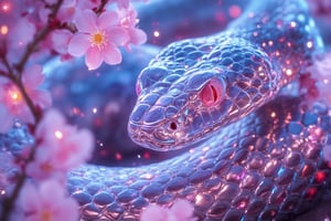 A glowing neon holographic snake with vibrant lines radiating around the woman, coiled gently through a pastel cherry blossom garden at dawn. The scene is captured from a close-up angle, highlighting the intricate wireframe structure of the snake's body. Soft lighting creates radiant reflections on the snake’s surface, with electric blues and purples blending smoothly. The background features delicate cherry blossoms, all blurred to accentuate the holographic snake’s movement. The glowing petals around enhance the serene and futuristic atmosphere.
(1.6-1) d S = δ Q rev T::[0.7] glowing_snake::[0.3] soft_blur --s [ethereal],fluxsnakequeen, magic