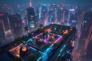 a serene rooftop garden atop a megastructure, where individuals escape the city's chaos. Bioluminescent plants and neon-lit pathways provide a tranquil environment amidst the urban glow. Friends and families share stories, their faces illuminated by the gentle light, highlighting moments of peace and togetherness in a fast-paced cyberpunk era.,Mecha, Magic, Wireframe