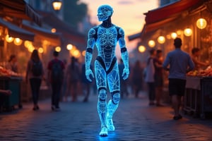 A neon glowing wireframe mecha with bright electric blue lines, casually walking through a bustling market at dusk. The scene is captured from a low, wide-angle shot, highlighting the contrast between the glowing wireframe and the busy crowd. Warm, ambient lighting from street lamps and vendor stalls creates soft glows on the humanoid’s surface, with the neon lines standing out against the dim surroundings. The background features blurred vendors and people moving, all out of focus to emphasize the glowing figure’s calm pace. The sunset sky enhances the lively yet relaxed atmosphere.
(1.6-1) d S = δ Q rev T::[0.9] neon_wireframe_humanoid::[1.1] busy_market --s 7,Neon Glow,Wireframe,Neon Wireframe,Holographic Network,Futuristic Avatar,Hologram,Cyberpunk,Futuristic technology,Neon lighting,Virtual Interface,Glowing effects,High-tech interface,digital glow,digital projection,Augmented reality,Magic,Enchantment,Light,Sparkle,Mystical,Whisper,Storybook,Magicallights,divinelights