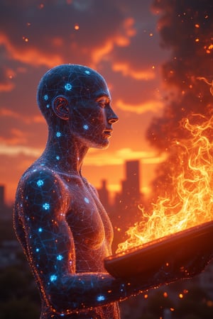 Main subject: A holographic mage with glowing symbols on its body, summoning fiery magic through an ancient grimoire at sunset.
Scene captured: From a wide angle, focusing on the contrast between the holographic figure and the fiery, glowing magic being summoned.
Lighting: The holographic mage’s body radiates with blue, digital lines, while orange and red flames erupt from the grimoire, creating a sharp visual contrast.
Background: The futuristic city, barely visible, is blurred as magical flames swirl around the summoner.
Sky: The fiery reds and golds of the sunset sky blend with the bright magic, enhancing the epic, apocalyptic atmosphere.
(1.6-1) d S = δ Q rev T::[0.4] Mage::[0.6] Grimoire --s fiery_digital_contrast
magic, wireframe, volcanicsword