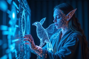 A neon glowing wireframe humanoid woman with cyan lines, assembling a digital map of the world through a sleek virtual command center at midday. The scene is captured from a front-facing, mid-shot angle, focusing on the holographic world projection she manipulates with precision. Bright, direct lighting from virtual screens creates soft glows on her wireframe body, with cyan lines emphasizing the seamless connection between her hands and the digital world. The background features blurred virtual data feeds and command consoles, all accentuating her role as the orchestrator of this holographic domain. The bright, artificial lighting adds to the clean, technological atmosphere.
(1.6-1) d S = δ Q rev T::[1.2] neon_wireframe_woman::[0.8] digital_command_center --s 10,Magic,Glow,Enchantment,Light,Sparkle,Mystical,Whisper,Storybook,Magicallights,divinelights,Neon Glow,Wireframe,Neon Wireframe,Holographic Network,Futuristic Avatar,1girl, (((fraven, sitting on arm,   spread wings, ))) The wings are spread to its full size, stressing the anormity of the bird.  The bird has something mysterious about it. It is a bird that looks really big and majestic, beautiful, wondrous. Its beak look like a falcon's beak, its talons also, both beak and talons very strong and curved like a bird of prey. The soft bluish black feathers are plain beautiful.  The girl is a misterious elven girl with pointed ears and wavy blond hair. She is beautiful. She wears a long silvery robe with golden embroidering. On her belt she has leather pouches.  (((the fraven is landing on arm))),  (((no relaxed wings, agitated))),  (((number of talons is 4 talons on each foot))), (((same claw position for both feet))), (((feet tightly around surface))),A mysterious bat that looks evil. The bat holds itself on a branch. It has a creepy red skin and giant ears.  The eyes are cristal blue. It is looking at the viewer. The mouth is wide open to show its sharp teeth. This bat looks like the inbreed of evil itself, like it came from the dark pit itself.  (((not cropped))),sitting on branch,flying