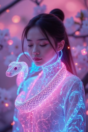 A glowing neon holographic snake with vibrant lines radiating around the woman, coiled gently through a pastel cherry blossom garden at dawn. The scene is captured from a close-up angle, highlighting the intricate wireframe structure of the snake's body. Soft lighting creates radiant reflections on the snake’s surface, with electric blues and purples blending smoothly. The background features delicate cherry blossoms, all blurred to accentuate the holographic snake’s movement. The glowing petals around enhance the serene and futuristic atmosphere.
(1.6-1) d S = δ Q rev T::[0.7] glowing_snake::[0.3] soft_blur --s [ethereal],fluxsnakequeen, magic