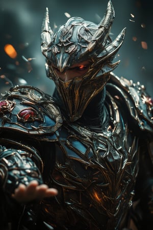 An epic scene featuring a dragon knight extending his hand forward in a moment of melancholy, surrounded by dramatic shattering glass effects. The dragon knight, clad in intricately detailed armor with dragon scales and glowing accents, reaches out with an expression of deep sadness, his hand trembling slightly. His powerful figure stands against a dark, stormy background with swirling clouds, as shards of glass break apart in mid-air around him, reflecting light in every direction. The glass shattering creates a sense of emotional fragility, symbolizing his inner turmoil. The lighting casts a soft glow on his armor, highlighting the dragon motifs etched into the metal. The overall scene is filled with intense emotion, combining the epic strength of the knight with the delicate beauty of the shattering glass, creating a striking visual contrast,DragonslayerArmor,GothicGrace,ShatteringGlass,cinematic dramatic color style