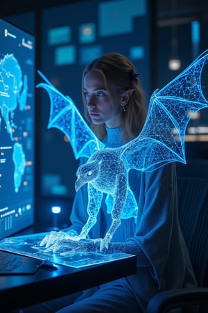 A neon glowing wireframe humanoid woman with cyan lines, assembling a digital map of the world through a sleek virtual command center at midday. The scene is captured from a front-facing, mid-shot angle, focusing on the holographic world projection she manipulates with precision. Bright, direct lighting from virtual screens creates soft glows on her wireframe body, with cyan lines emphasizing the seamless connection between her hands and the digital world. The background features blurred virtual data feeds and command consoles, all accentuating her role as the orchestrator of this holographic domain. The bright, artificial lighting adds to the clean, technological atmosphere.
(1.6-1) d S = δ Q rev T::[1.2] neon_wireframe_woman::[0.8] digital_command_center --s 10,Magic,Glow,Enchantment,Light,Sparkle,Mystical,Whisper,Storybook,Magicallights,divinelights,Neon Glow,Wireframe,Neon Wireframe,Holographic Network,Futuristic Avatar,1girl, (((fraven, sitting on arm,   spread wings, ))) The wings are spread to its full size, stressing the anormity of the bird.  The bird has something mysterious about it. It is a bird that looks really big and majestic, beautiful, wondrous. Its beak look like a falcon's beak, its talons also, both beak and talons very strong and curved like a bird of prey. The soft bluish black feathers are plain beautiful.  The girl is a misterious elven girl with pointed ears and wavy blond hair. She is beautiful. She wears a long silvery robe with golden embroidering. On her belt she has leather pouches.  (((the fraven is landing on arm))),  (((no relaxed wings, agitated))),  (((number of talons is 4 talons on each foot))), (((same claw position for both feet))), (((feet tightly around surface))),A mysterious bat that looks evil. The bat holds itself on a branch. It has a creepy red skin and giant ears.  The eyes are cristal blue. It is looking at the viewer. The mouth is wide open to show its sharp teeth. This bat looks like the inbreed of evil itself, like it came from the dark pit itself.  (((not cropped))),sitting on branch,flying