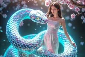 A holographic neon snake, glowing with shifting hues of blue and green, coils around the woman, flowing smoothly through a cherry blossom-filled space at midday. The scene is captured from a wide angle, highlighting the snake's fluid movement and wireframe structure. Bright lighting from above casts colorful highlights along the snake’s digital form, with subtle glows reflecting on the woman’s white dress. The background is blurred with soft blossoms, emphasizing the snake’s futuristic motion.
(1.6-1) d S = δ Q rev T::[0.6] neon_wireframe_snake::[0.4] soft_focus --s [vivid]

fluxsnakequeen, magic, wireframe