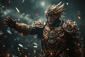 An epic scene featuring a dragon knight extending his hand forward in a moment of melancholy, surrounded by dramatic shattering glass effects. The dragon knight, clad in intricately detailed armor with dragon scales and glowing accents, reaches out with an expression of deep sadness, his hand trembling slightly. His powerful figure stands against a dark, stormy background with swirling clouds, as shards of glass break apart in mid-air around him, reflecting light in every direction. The glass shattering creates a sense of emotional fragility, symbolizing his inner turmoil. The lighting casts a soft glow on his armor, highlighting the dragon motifs etched into the metal. The overall scene is filled with intense emotion, combining the epic strength of the knight with the delicate beauty of the shattering glass, creating a striking visual contrast,DragonslayerArmor,GothicGrace,ShatteringGlass,cinematic dramatic color style