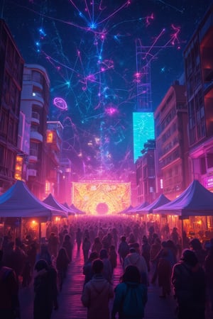 Illustrate a massive festival where communities gather to celebrate under a sky filled with neon constellations. Interactive holograms and digital art installations line the streets, and performers entertain with cyber-enhanced instruments and dance. The atmosphere is electric, capturing the excitement of human connection in a technologically advanced world.,Mecha, Magic, Wireframe