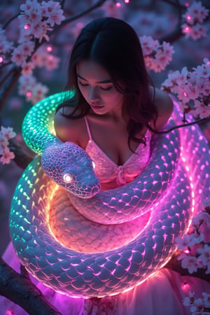 A glowing neon snake with vibrant lines of electric green and purple, coiling gently through a soft cherry blossom environment around the woman at dusk. The scene is captured from an overhead angle, focusing on the snake’s holographic glow and the interplay of light with the woman’s dress. The lighting creates vivid color transitions on the snake’s surface, emphasizing its digital structure. The background features gently blurred cherry blossoms, enhancing the dreamy and futuristic atmosphere.
(1.6-1) d S = δ Q rev T::[0.65] glowing_neon_snake::[0.35] soft_pink --s [dreamlike_futuristic],fluxsnakequeen