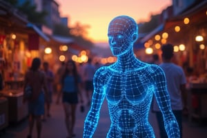 A neon glowing wireframe mecha with bright electric blue lines, casually walking through a bustling market at dusk. The scene is captured from a low, wide-angle shot, highlighting the contrast between the glowing wireframe and the busy crowd. Warm, ambient lighting from street lamps and vendor stalls creates soft glows on the humanoid’s surface, with the neon lines standing out against the dim surroundings. The background features blurred vendors and people moving, all out of focus to emphasize the glowing figure’s calm pace. The sunset sky enhances the lively yet relaxed atmosphere.
(1.6-1) d S = δ Q rev T::[0.9] neon_wireframe_humanoid::[1.1] busy_market --s 7,Neon Glow,Wireframe,Neon Wireframe,Holographic Network,Futuristic Avatar,Hologram,Cyberpunk,Futuristic technology,Neon lighting,Virtual Interface,Glowing effects,High-tech interface,digital glow,digital projection,Augmented reality,Magic,Enchantment,Light,Sparkle,Mystical,Whisper,Storybook,Magicallights,divinelights