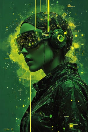 A high-fashion photoshoot scene featuring a stylo cybergirl hijabi, exuding futuristic elegance and green noir vibes. She wears a sleek, modern hijab paired with a glowing high-tech visor that wraps around her face, emitting a soft, neon green light. The visor displays digital patterns and data, adding to her tech-inspired look. Her outfit combines high-fashion elements with cyberpunk aesthetics, featuring sharp lines and metallic textures in shades of deep green and black, with subtle reflective details that catch the light. The setting is a minimalist, dark environment with moody shadows and diffused green lighting that casts a noir ambiance across the scene. The background hints at futuristic, geometric shapes, adding depth without detracting from the focus on the model. Her pose is confident and poised, with her head slightly tilted, emphasizing the glow of the visor and the contours of her avant-garde attire. The overall atmosphere is edgy and stylish, blending the elegance of high fashion with the cutting-edge look of cyber-tech, making for a captivating, visually striking photoshoot.,CitrusShadow,stylohijabi