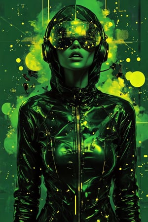 A high-fashion photoshoot scene featuring a stylo cybergirl hijabi, exuding futuristic elegance and green noir vibes. She wears a sleek, modern hijab paired with a glowing high-tech visor that wraps around her face, emitting a soft, neon green light. The visor displays digital patterns and data, adding to her tech-inspired look. Her outfit combines high-fashion elements with cyberpunk aesthetics, featuring sharp lines and metallic textures in shades of deep green and black, with subtle reflective details that catch the light. The setting is a minimalist, dark environment with moody shadows and diffused green lighting that casts a noir ambiance across the scene. The background hints at futuristic, geometric shapes, adding depth without detracting from the focus on the model. Her pose is confident and poised, with her head slightly tilted, emphasizing the glow of the visor and the contours of her avant-garde attire. The overall atmosphere is edgy and stylish, blending the elegance of high fashion with the cutting-edge look of cyber-tech, making for a captivating, visually striking photoshoot.,CitrusShadow,stylohijabi