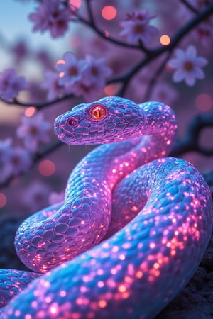 A glowing neon holographic snake with vibrant lines radiating around the woman, coiled gently through a pastel cherry blossom garden at dawn. The scene is captured from a close-up angle, highlighting the intricate wireframe structure of the snake's body. Soft lighting creates radiant reflections on the snake’s surface, with electric blues and purples blending smoothly. The background features delicate cherry blossoms, all blurred to accentuate the holographic snake’s movement. The glowing petals around enhance the serene and futuristic atmosphere.
(1.6-1) d S = δ Q rev T::[0.7] glowing_snake::[0.3] soft_blur --s [ethereal],fluxsnakequeen, magic