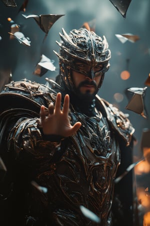 An epic scene featuring a dragon knight extending his hand forward in a moment of melancholy, surrounded by dramatic shattering glass effects. The dragon knight, clad in intricately detailed armor with dragon scales and glowing accents, reaches out with an expression of deep sadness, his hand trembling slightly. His powerful figure stands against a dark, stormy background with swirling clouds, as shards of glass break apart in mid-air around him, reflecting light in every direction. The glass shattering creates a sense of emotional fragility, symbolizing his inner turmoil. The lighting casts a soft glow on his armor, highlighting the dragon motifs etched into the metal. The overall scene is filled with intense emotion, combining the epic strength of the knight with the delicate beauty of the shattering glass, creating a striking visual contrast,DragonslayerArmor,GothicGrace,ShatteringGlass,cinematic dramatic color style