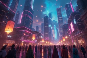 Depict a bustling cityscape where towering skyscrapers are intertwined with glowing, circuit-like vines. The streets below are filled with people from all walks of life, their outfits blending traditional cultural attire with futuristic cybernetic enhancements. Holographic lanterns float in the air, casting vibrant colors that symbolize unity and diversity in a high-tech society.,Mecha, Magic, Wireframe