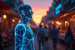 A neon glowing wireframe mecha with bright electric blue lines, casually walking through a bustling market at dusk. The scene is captured from a low, wide-angle shot, highlighting the contrast between the glowing wireframe and the busy crowd. Warm, ambient lighting from street lamps and vendor stalls creates soft glows on the humanoid’s surface, with the neon lines standing out against the dim surroundings. The background features blurred vendors and people moving, all out of focus to emphasize the glowing figure’s calm pace. The sunset sky enhances the lively yet relaxed atmosphere.
(1.6-1) d S = δ Q rev T::[0.9] neon_wireframe_humanoid::[1.1] busy_market --s 7,Neon Glow,Wireframe,Neon Wireframe,Holographic Network,Futuristic Avatar,Hologram,Cyberpunk,Futuristic technology,Neon lighting,Virtual Interface,Glowing effects,High-tech interface,digital glow,digital projection,Augmented reality,Magic,Enchantment,Light,Sparkle,Mystical,Whisper,Storybook,Magicallights,divinelights