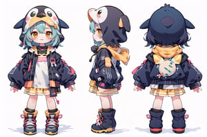 cartoon character of a girl with different poses and hair, cute art style, cute character, female furry mini cute style, [ character design ], full body character design, cute detailed digital art, high quality character design, anime character design, detailed character design, pretty anime character design, cute anime catgirl, full character design, cute!! chibi!!! catgirl ,a close up of a person in a penguin outfit with a hat, anime character design, full body character design, high quality character design, best anime character design, mecha anthropomorphic penguin, anime visual of a cute girl, interesting character design, cute character, pretty anime character design, outfit design, great character design, character design artCute girl,((((chara-sheet))))),More Detail