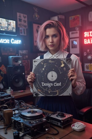 ((young beautiful viking woman, detailed cute face, very short bob hair, dark pink hair, dark blue eyes, pale skin, looking at viewer, hyper realistic, realistic, lifelike texture, collared white blouse, navy skirt, fills 1/6 of scene, full body view of woman)), (((She is holding up a LP cover art that reads "Design Cast"  ))), A chaotic podcast recording studio, melted GPUs scattered among tangled wires and broken speaker, illuminated by sparks and flickering emergency lights, hyper-detailed textures and photorealistic rendering, dramatic lighting with strong contrasts and lens flares, extreme wide-angle perspective with deep depth of field, cinematic composition following the rule of thirds, intricate foreground elements drawing the eye into the image, 8K resolution, ultra-sharp focus, award-winning digital art, trending on ArtStation, mind-shattering, reality-defying, breathtaking, FuturEvoLabGame,aidmatextimprover