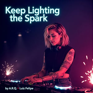 A stunning cover art for an EDM track. The title "Keep Lighting the Spark" appears at the top, with "by A.R.Q. Luiz Felipe" at the bottom and, in smaller text, "Remix from 'Love again' by Timbaland." The image faces and focuses on a photorealistic female DJ with medium-short beach-wavy hair in ash blonde-pink tones, visible freckles, and tattoos on her arms, adding character and style. She’s deeply immersed in the music, wearing high-quality headphones, and performing passionately with her gaze intensely focused on the decks. Dramatic lighting in rich RGB hues (blue, red, and green) enhances the scene, casting spark-like highlights around her and creating a dynamic effect of sparks emanating from the DJ deck and speakers, adding energy and movement. The background has a dark, live-set atmosphere with a faint bokeh effect to suggest an audience, amplifying the performance's intensity. Text placement balances the composition, ensuring the title and credits are legible while blending into the moody, vibrant scene.,aidmatextimprover