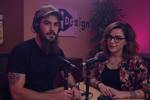 realistic and very detailed wide shot of two podcast hosts, a man named Roberto, and a gorgeous woman named Camila, with dramatic lighting. in a recording studio. The studio is super detailed, with indirect RGB lighting and a youtube reaward plaque on the side wall, plants, and great modern design. On the wall behind them, there is the logo of the podcast "DesignCast". they are seated on a table, wearing headphones and with microphones in front of them. the man, a handsome 40-year-old, long-bearded funny dude, with green eyes, good shape, a tattoo on his upper right arm, two small circular black earrings in his left earlobe, black tee shirt, a brown cap, very short black hair, almost buzz cut. The woman is extremely beautiful, top model looking, around 20 years old, with short black hair shoulder height, brown eyes, glasses, has an oval-shaped and very cute angelic face, she has looks of native American heritage mixed with white Caucasian and Brazilian, looking fashionista, colorful, wearing designer clothing with a thin fabric, tattoos in her arm and lower neck,Didomenico,aidmatextimprover,“On the wall  we see detailed graffiti, the graffiti text reads "Design Cast".”