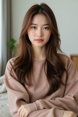 a young Asian woman, her long brown hair cascades over her shoulders. She is dressed 