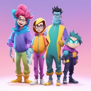 "Create a group of diverse cartoon characters, standing side by side and looking straight ahead. Each character should have a unique appearance and personality. One character is a tall, cheerful person with bright blue hair and a big smile. Another is a short, grumpy figure with a round face and glasses. There’s also an athletic character with a confident stance, wearing a colorful tracksuit, and a mysterious, cloaked figure with glowing eyes. The background is simple and brightly lit to focus attention on the characters' expressions and details. Their body language should reflect their personalities, with each one expressing a different emotion."