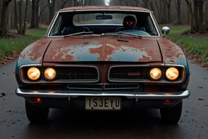 A rusty, worn-out 1960s Dodge  Challenger, vintage car, with a heavily dilapidated exterior, extremely rusty, several body panels missing. Only one headlight is still glowing dimly, casting an eerie light onto the  asphalt below. The car’s front grille is missing, and its tires are slightly deflated. In the driver's seat, barely visible through the grimy, cracked windshield, is a semi transparent shadowy figure with red eyes and indistinguishable features, creating an ominous and unsettling presence. The License plate has the text:"1S3EYU" on an american style plate.,aidmatextimprover (Rusty Car falling apart:1.5)