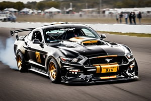 60s Ford Mustang Mk. II,  Initiating a drift, rear wheels smoking, black with gold stripes with american flag in gold on door, 60's style racing setup, 60's photo, mid day, drift track, 60's wheels, sidways, motion blur behind car, sense of speed, super quality, score_9, perfect image,aidmatextimprover,realism