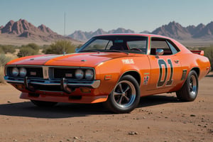 In an alternate reality the 1974 Plymouth GTX was chosen as the car known as The General Lee, painted Orange, having the infamous '01' painted on the door, the rebel flag on top and the name 'The General Lee' on the border of the flag, the Plymouth GTX is parked  with its wheels turned, showing off the 10 spoke American Racing Vector rims and racing tires, the grill was modified to make it more racecar looking, a short wing on the back of the car was also a new addition to this alternate era of General Lee