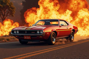 A Red and Gold 1968 AMC GMX driving away from a large firey explosion, vibrant paint colors, red base color with golden striping, Gold pinstripes, smoking tires, epic scene, something out of an anction movie, sick, 60s with a mix of 70s, flashy scene, high details, 4K