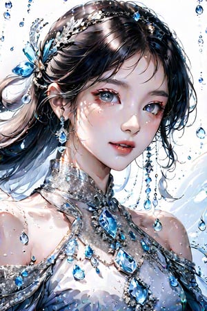 Beautiful girl. She is very smart, she wears a very luxurious outfit. detailed image, detailed skin, upper body, looking at viewer. White background, water drop, ((masterpiece: 1.2)), light particles, ink droplets in background.