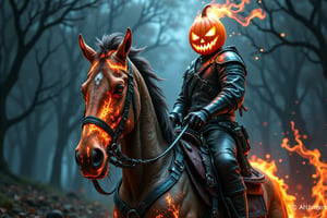 aidmafluxpro1.1, Headless horseman, firery pumpkin with a sinister expression, riding his horse with flaming hooves, dark, gloomy, eerie, ominous, sinister, and sppoky atmosphere.  Photorealism, HDR, 8K.